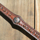 Close Up View Circle Y of Yoakum - 1" Heavy Oil Breast Collar with tri-color antiqued conchos and copper spots and dots.  Hand tooled.    Stainless steel hardware.   3/4" x 12" adjustable tugs.