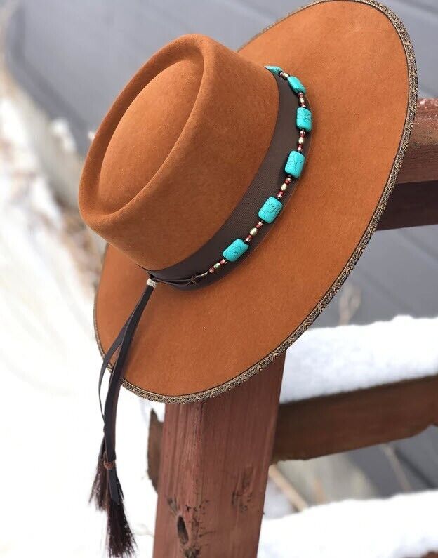 "Faith" Hatband  - Turquoise Color Stones & Sage Pearls - Leather/Horsehair