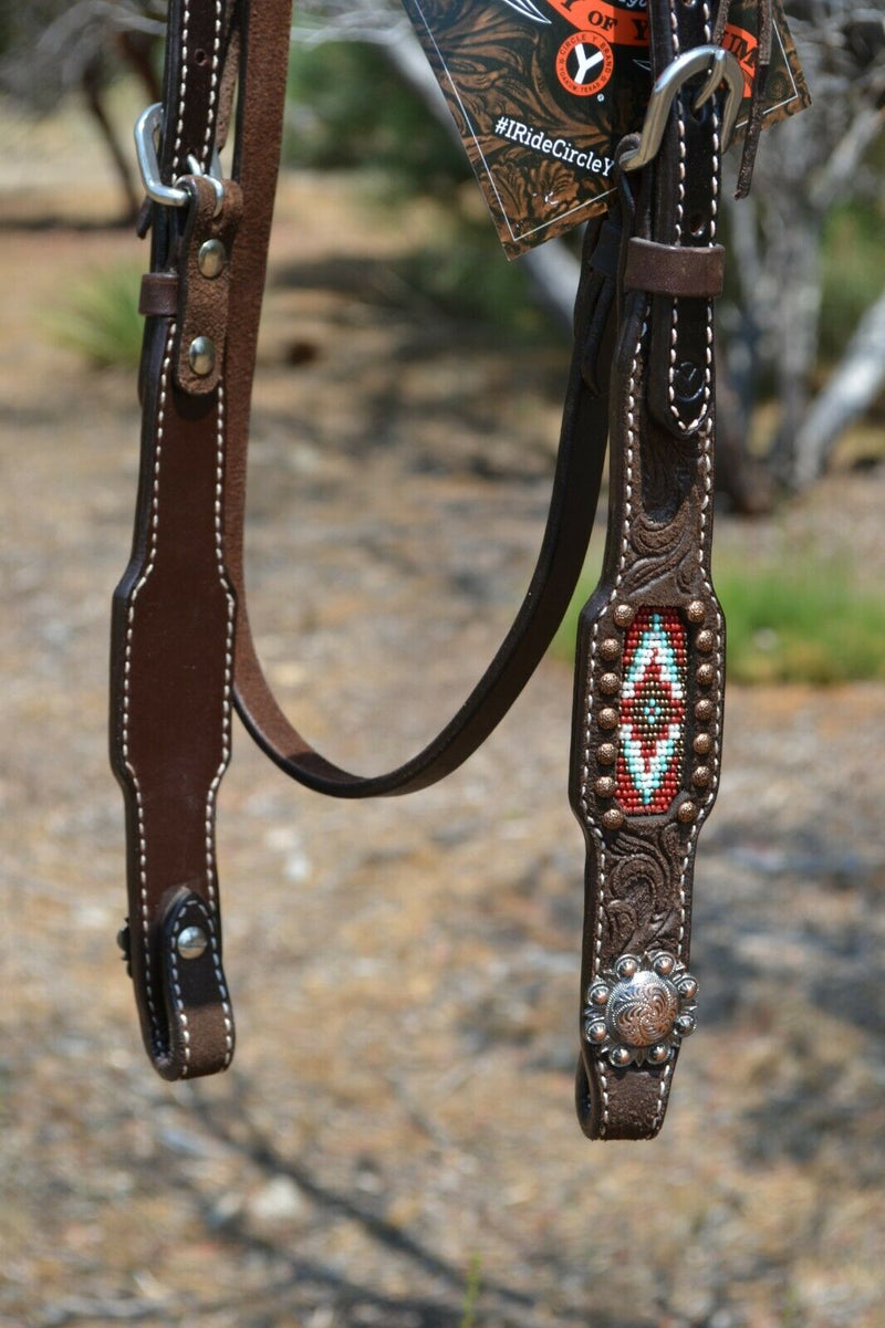 Circle Y of Yoakum - 5/8" Dark Chocolate Rough Out Leather Browband Headstall with Inlaid Southwest Diamond Beading in burgundy, white and turquoise.  Antiqued copper conchos and spots with hand painted metallic copper flowers.  Stainless steel hardware.   Horse size.