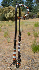 Circle Y of Yoakum - Unique Infinity Wrap One Ear Headstall with brown, red, yellow and white. Dark oil leather and replaceable buckles.  Ties at bit ends.