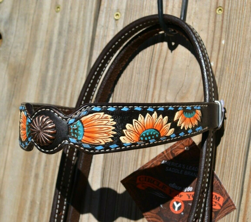 Close Up View Sunflower design Browband. Circle Y Hand Painted Sunflower Buckstitch Browband Headstall - Concho Ends