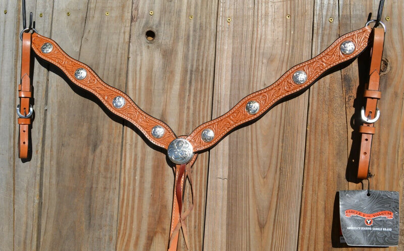 Circle Y of Yoakum - 1 3/4" Scalloped Breast Collar with Silver Conchos.  Hand carved floral tooling.  Circle Y's Ultra-Lite Color.  Stainless steel  hardware, latigo tie-down keeper and  1" x 12" adjustable tugs.