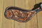 Circle Y of Yoakum - Dark Oil Shaped Spur Straps Filigree with Tan Inlay.  Basket tooled with an antiqued wash finish.    10" total length spur button hole to hole.  Stainless steel buckles are removable.  Ladies.