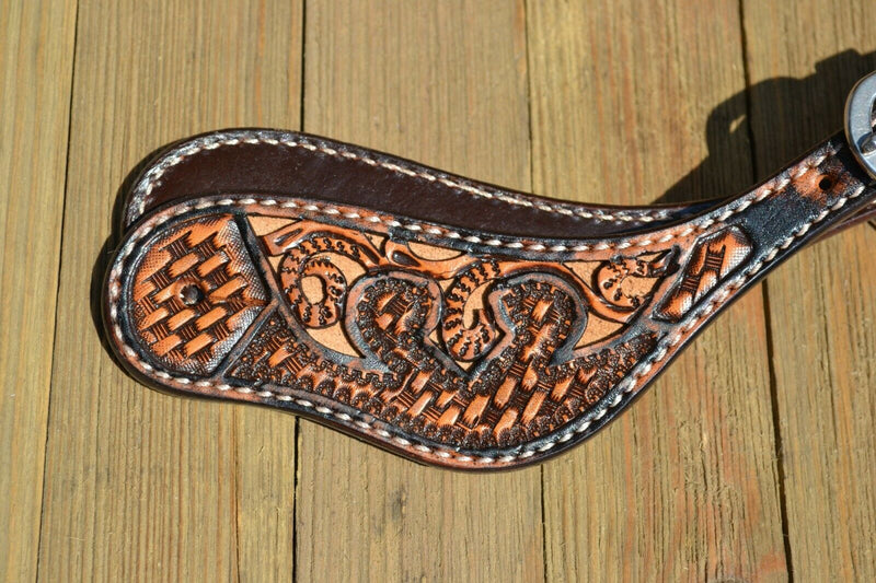 Circle Y of Yoakum - Dark Oil Shaped Spur Straps Filigree with Tan Inlay.  Basket tooled with an antiqued wash finish.    10" total length spur button hole to hole.  Stainless steel buckles are removable.  Ladies.