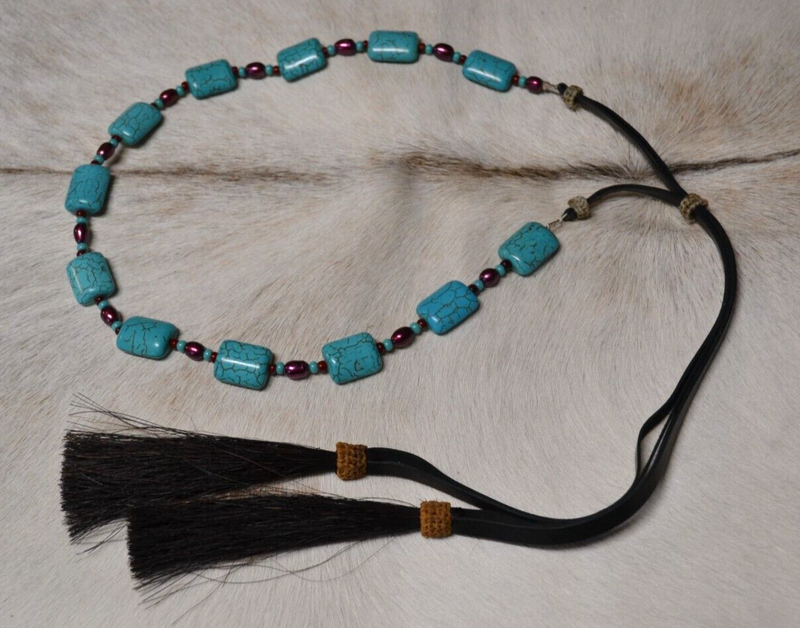 "Rose" Hatband  - Turquoise Color Stones & Magenta Pearls - Leather/Horsehair