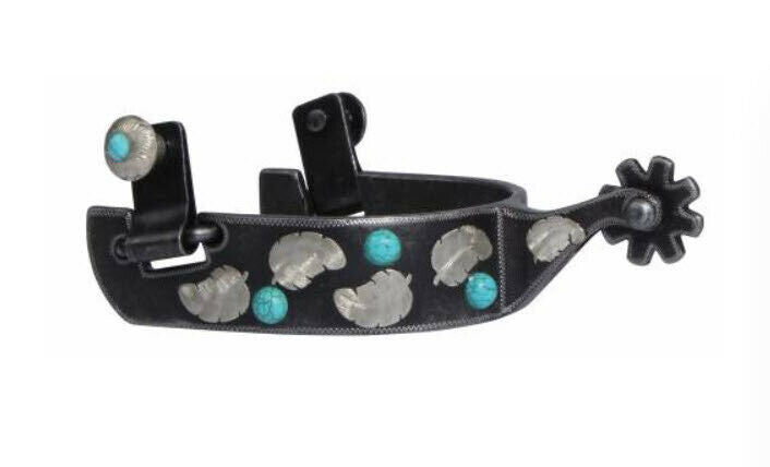 Grey steel spurs with engraved feather silver overlay and faux turquoise stones.   Unisex.  1” band, 1 3/4” shank w/8 point rowel, 3 1/8” boot width  Imported by Professional's Choice