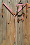 Alamo Saddlery - Browband Headstall and Breast Collar Set.  Light Oil leather with pink gator overlay.  Stainless steel Horseshoe Brand buckles and conchos on headstall.