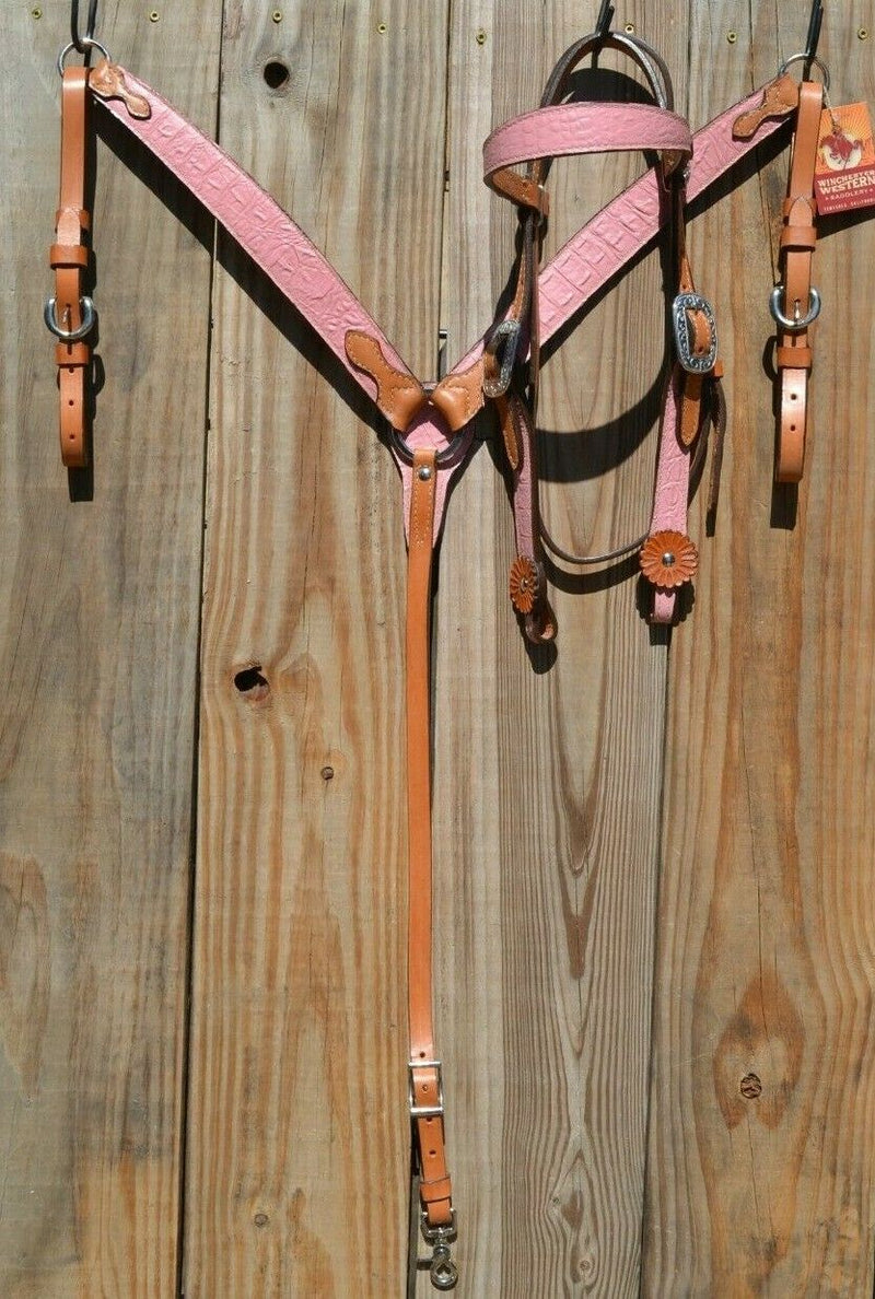 Alamo Saddlery - Browband Headstall and Breast Collar Set.  Light Oil leather with pink gator overlay.  Stainless steel Horseshoe Brand buckles and conchos on headstall.