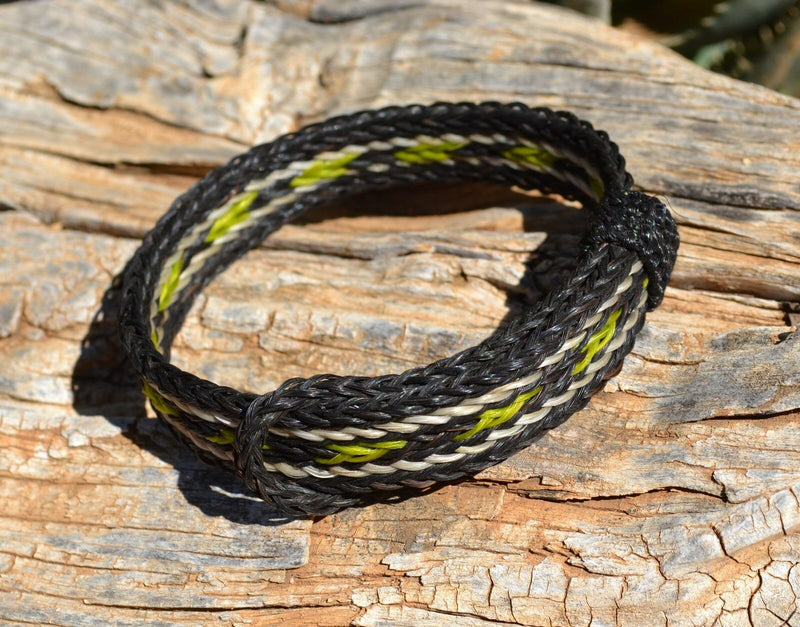 Close Up View Awesome 5/8" wide, 5 Strand Braided Horsehair Bracelet with sliding knot. Black/Lime/Black