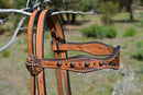 Close Up View Browband Circle Y 5/8" Light Oil Antiqued Floral Tooled Browband Gag Cheek Headstall