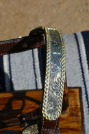 Close Up View Beautiful Circle Y Dark Oil Show Halter.  Dark walnut leather with engraved sterling overlay berry edge silver studded with Swarovski crystals.  Stunning halter will be amazing under the lights