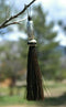 Close Up View 4 1/2" total length horsehair zipper pull with spring clip. Handmade horsehair various colors and beading pattern. Black-Silver