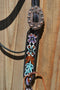 Close Up Detail Circle Y of Yoakum -  2021 Hand Painted Teal & Purple Flower Browband Headstall.   Headstall is walnut with vintage background. 