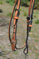 Close Up Bit Ends Circle Y 5/8" Light Oil Antiqued Floral Tooled Browband Gag Cheek Headstall