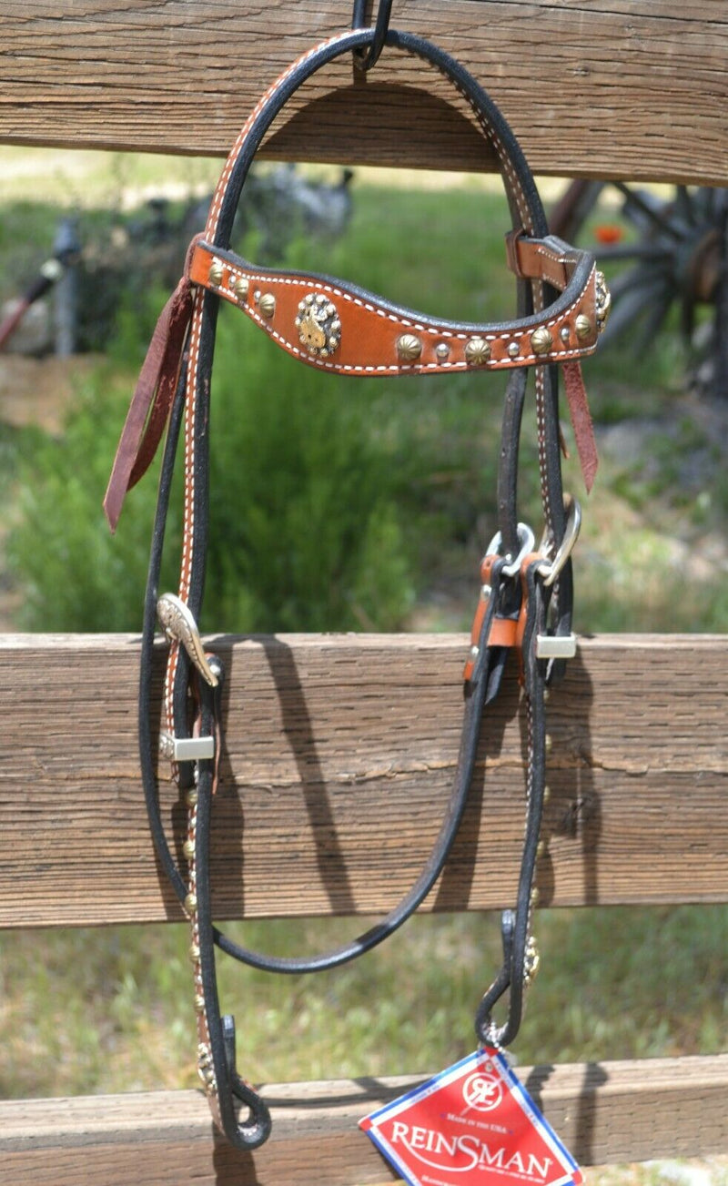 Front View Regular oil, 5/8" Molly Powell Vintage Cowgirl Browband Headstall with spots and bucking cowboy berry conchos. 