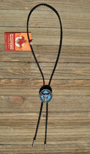 Western Style Black Braided Leather Bolo Tie with beautifully detailed steer skull slide in grey and matt black and turquoise southwest enamel design. 