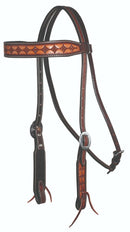 Straight browband headstall with diamond tooling with two-tone chocolate colored leather and natural tooling. Stainless steel hardware.  Horse size.