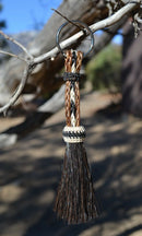 Close Up View 3/8" wide, 3 Strand Braided Horsehair Key Chain. This shorter style is 5 1/2" including the key ring.   Sorrel/Black/White/Sorrel