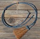 Close Up View natural horse hair stampede string with cotter pin attachments. Sorrel/Turquoise/Sorrel