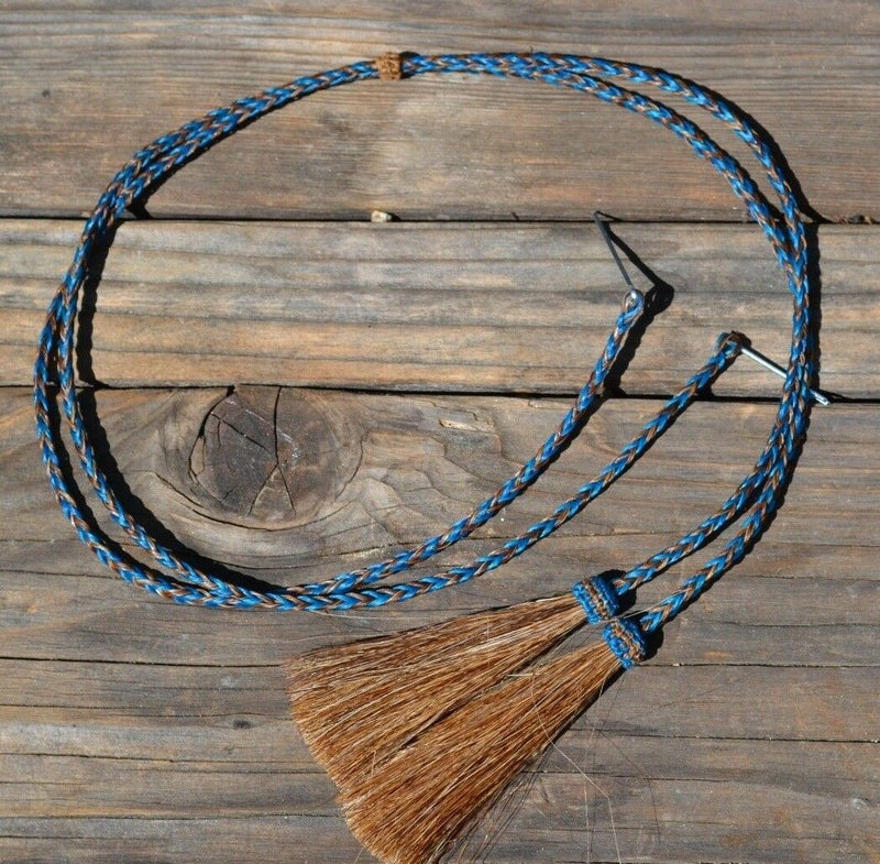 Close Up View natural horse hair stampede string with cotter pin attachments. Sorrel/Turquoise/Sorrel
