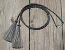 Close Up View natural horse hair stampede string with cotter pin attachments. Grey