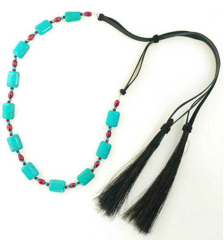 "Rose" Hatband  - Turquoise Color Stones & Magenta Pearls - Leather/Horsehair