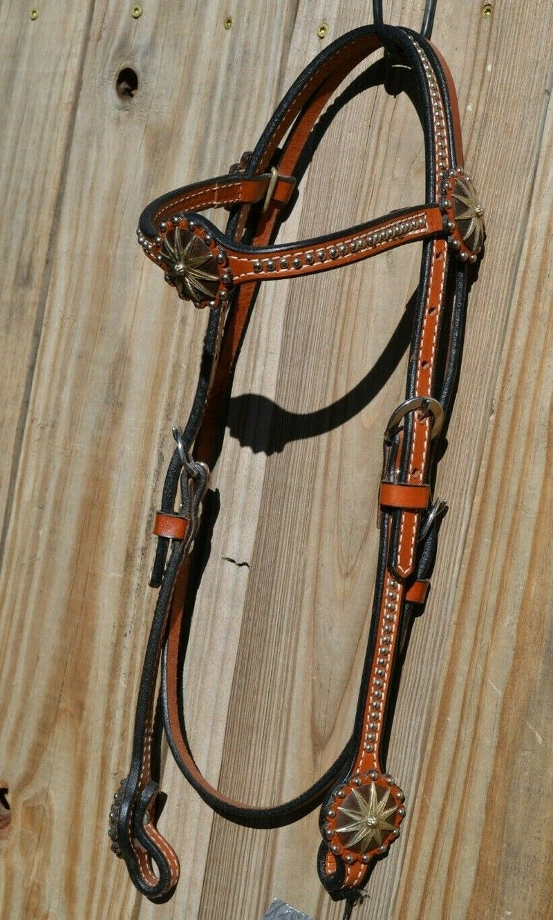 Circle Y 5/8" XP Iron Spur Browband Headstall Stainless Spots Antiqued Conchos