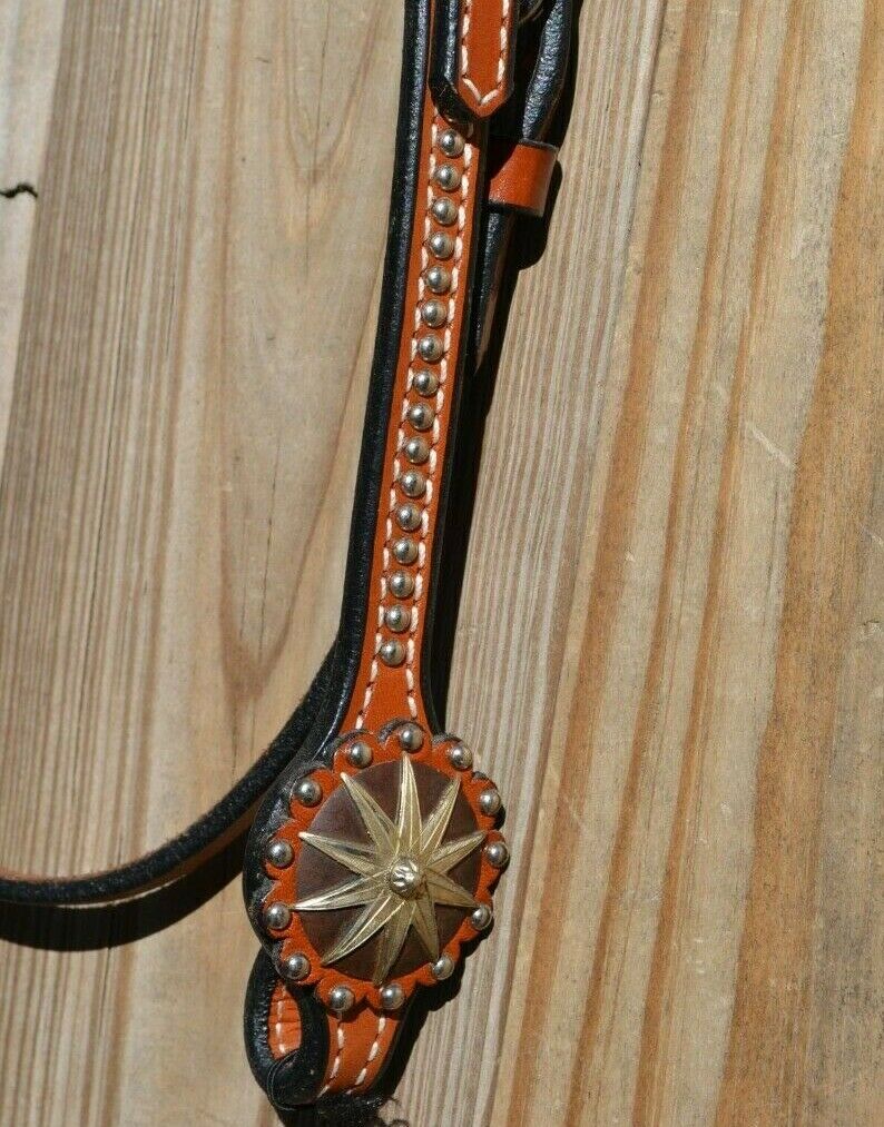 Close Up View Bit ends. Circle Y 5/8" XP Iron Spur Browband Headstall Stainless Spots Antiqued Conchos