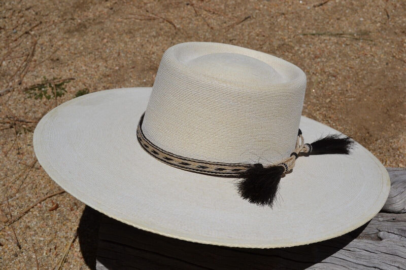 1/2" Hand Braided 5 Strand Horsehair Hatband Double Tassels - White / Black