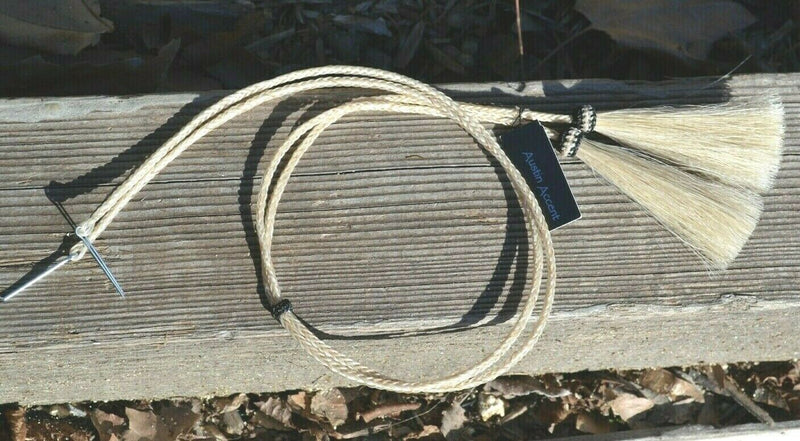 Close Up View natural horse hair stampede string with cotter pin attachments. White