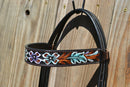 Circle Y of Yoakum -  2021 Hand Painted Teal & Purple Flower Browband Headstall.   Headstall is walnut with vintage background.    Horse sized, the crown measures 44" from bit end to bit end on the longest setting and adjustment to make up to 8" shorter.   