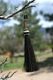 Close Up View 4 1/2" total length horsehair zipper pull with spring clip. Handmade horsehair various colors and beading pattern. Black-Silver/Gold/Silver
