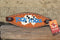Close Up Photo Bar H Equine Bronc Noseband with Painted "Rock N Roll" motif and orange and black studs on the border.