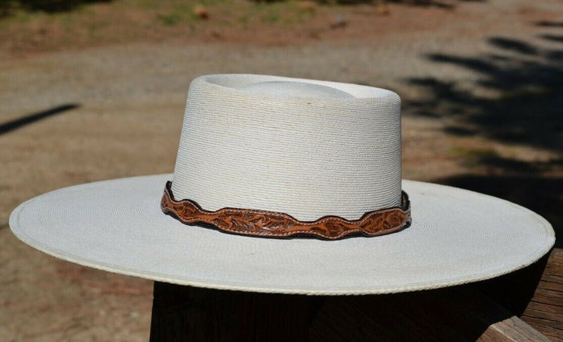 5/8" Floral Tooled Scalloped Antiqued Russet Leather Hatband with Silver Buckle