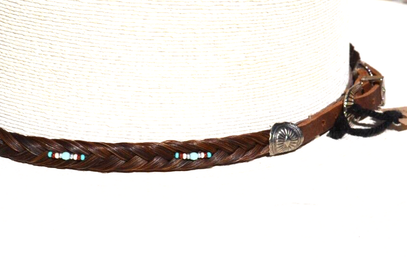 1/2" Hand Braided Brown Horsehair Hatband, Leather/Buckle - Blue/White/Red Beads