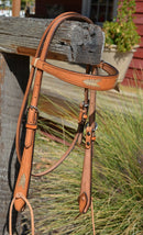 Front View Light russet oil 5/8"wide browband headstall with ties at the bit end.  Constructed of two-ply and stitched natural russet bridle leather with hand rubbed and finished edges.  