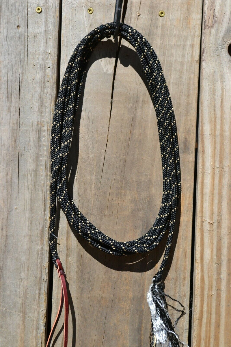  1/4" Kernmantle Get Down Rope, 14 foot long.    This one has a knot on one end and a short leather popper on the other.   Black/Tan.      