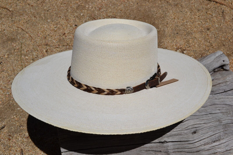 1/2" Hand Braided Horsehair Hatband with Leather and Buckle - Brown/White