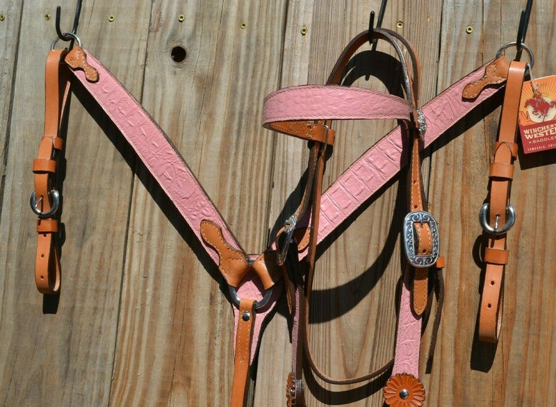 Alamo Saddlery - Browband Headstall and Breast Collar Set.  Light Oil leather with pink gator overlay.  Stainless steel Horseshoe Brand buckles and conchos on headstall.