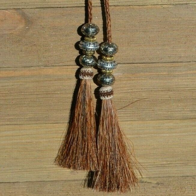 Super Close Up Detail View natural horse hair Stampede String with beads and horse hair tassels and cotter pin attachments. Chestnut-Silver3RB/Gold