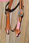 Close Up Alamo Saddlery - Browband Headstall and Breast Collar Set.  Light Oil leather with pink gator overlay.  Stainless steel Horseshoe Brand buckles and conchos on headstall.