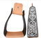 The offset design of the slanted stirrups is engineered to reduce stress on the rider's knees and back by keeping constant contact with the foot to the tread for stability and balance.  Made of heavy gauge aluminum construction with side engraving detail.  3" deep foot tread and 5.5" wide.  Available in Black or Brown.