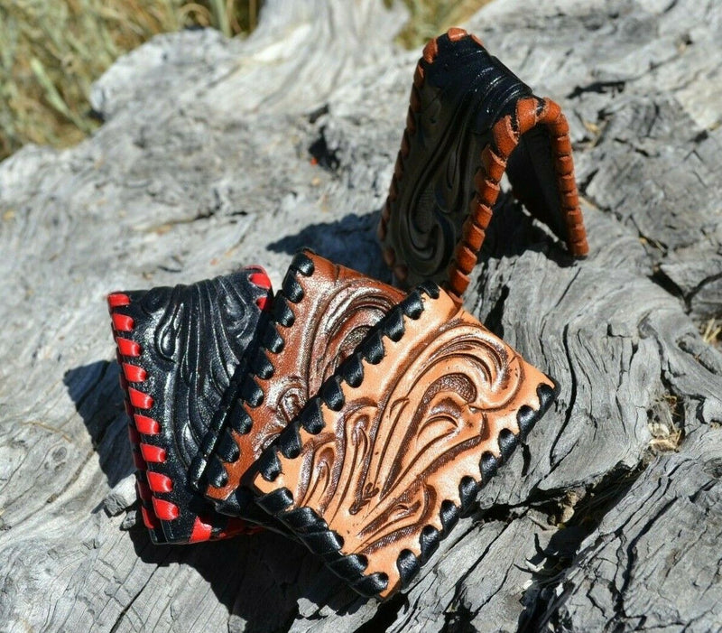 Western Style Hand Carved Leather Money Clip with strong magnetic closure