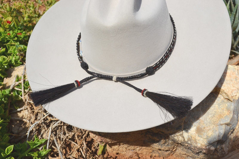 1/2" Hand Braided 5 Strand Horsehair Hatband Double Tassels - Red/Black