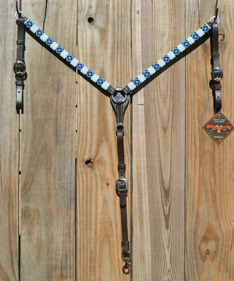 Circle Y of Yoakum - 1" Dark Oil Leather Breast Collar with Infinity Wrap Beading in a white, light blue, royal blue and black metallic southwest diamond pattern.