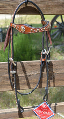 Front View Regular oil, 5/8" Molly Powell Vintage Cowgirl Browband Headstall with spots and bucking cowboy berry conchos. 