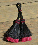 Close Up View  3" Double mule tail cut natural and brightly colored tassels. Handmade from horsehair dyed in bright colors as well as natural.    Black/Burgundy