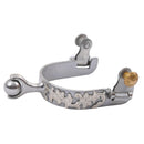 Diamond R - Designed by Reinsman - Polished steel  Ladies/Youth barrel sidewinder roller ball spurs with floral engraved german silver overlay.  3/4" wide band, 1 1/4" long neck and 2 5/8" wide.  