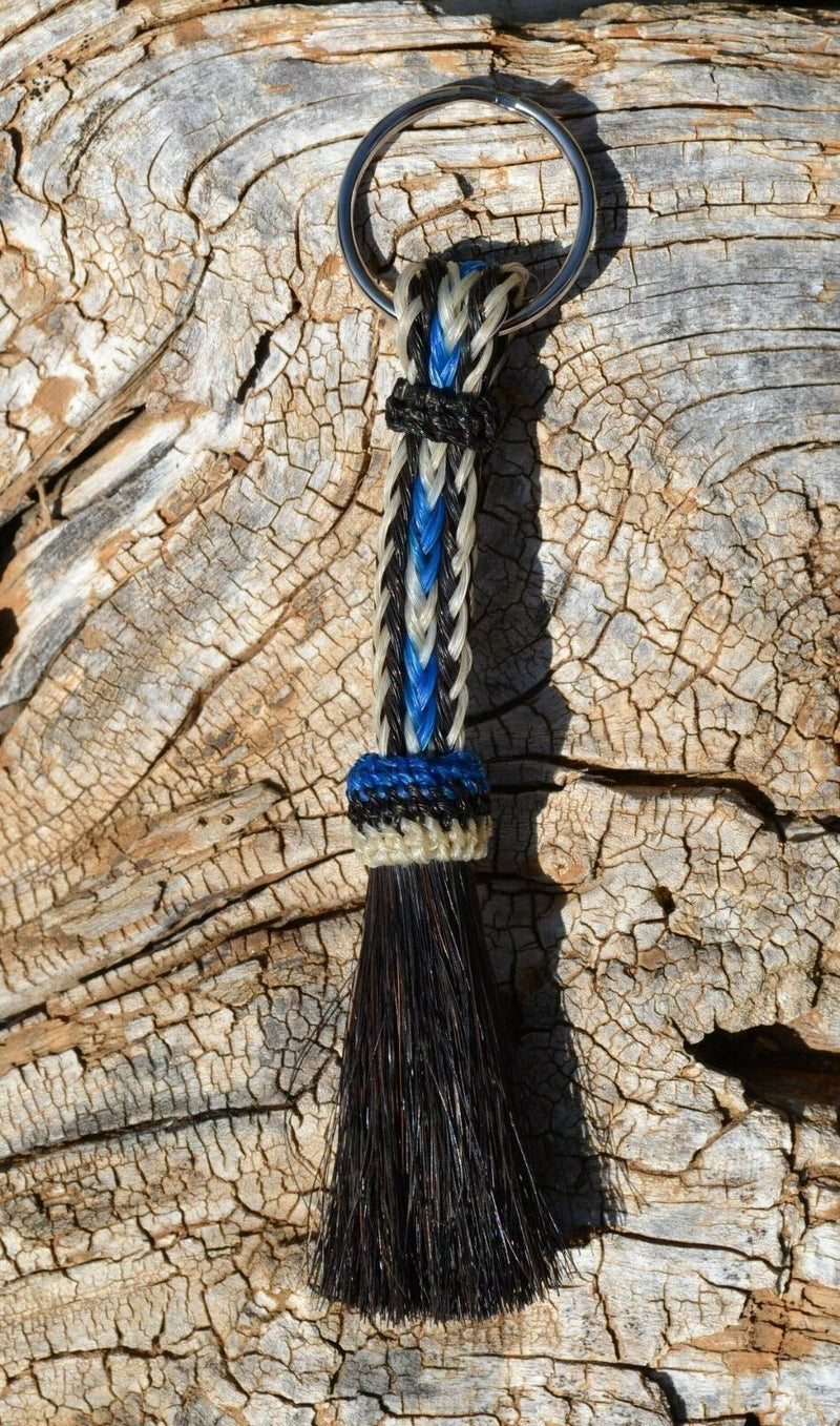 Close Up View 3/8" wide, 3 Strand Braided Horsehair Key Chain. This shorter style is 5 1/2" including the key ring.    White/Blue/White
