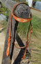 Front View Light russet oil 5/8"wide browband headstall with Chicago screws at the bit ends.  Constructed of two-ply and stitched natural russet bridle leather with hand rubbed and finished edges.  